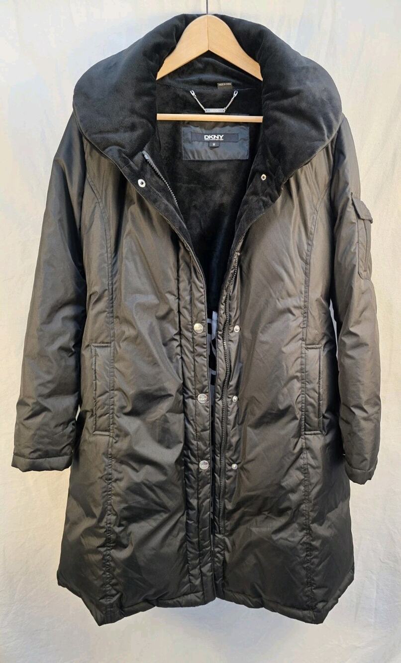 DKNY Women's Medium Black Puffer Down Coat Hideable Hood Trench Overcoat Long